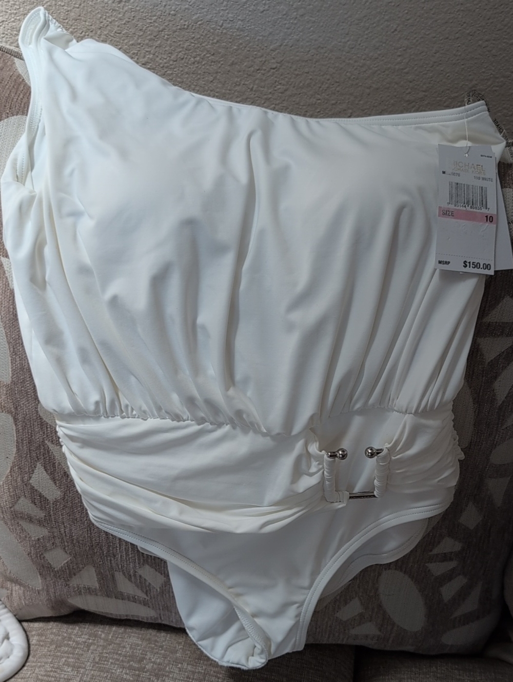 MICHAEL Michael Kors White One-Shoulder Draped One-Piece Swimsuit Brand New